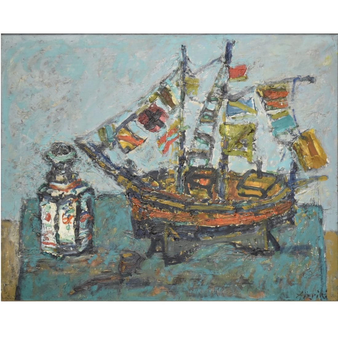 Paul Aizpiri, French (1919-2016): Paul Aizpiri, French (1919-2016) Still Life of a Model Ship With a Bottle and Pipe in the Foreground. Framed oil on canvas, signed bottom right-hand corner. Image area measures: 25" high, 31-1/4"