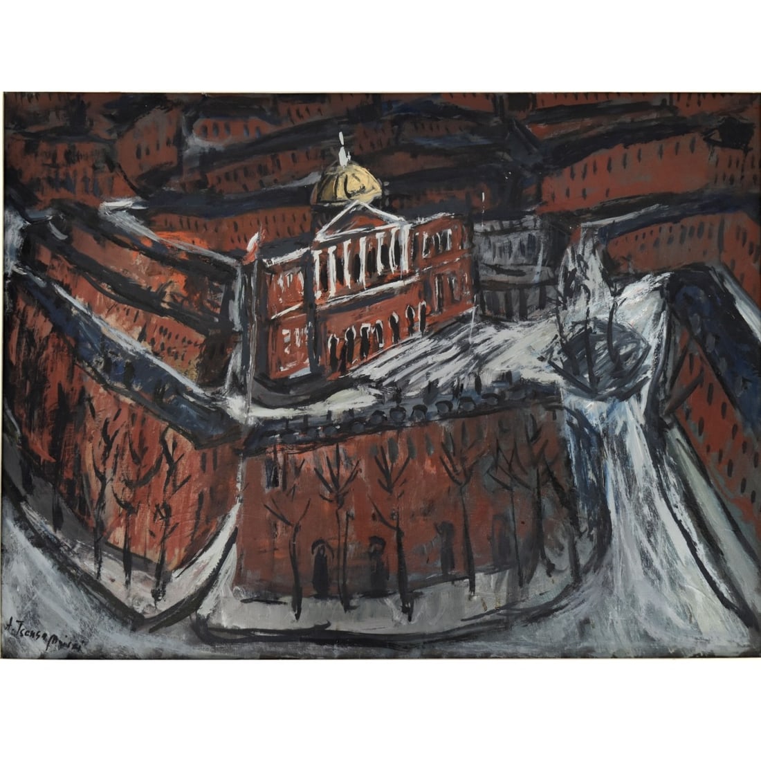 Alex Tschernjawski, Yugoslavian/American (b. 1930): Alex Tschernjawski, Yugoslavian/American (b. 1930) "Boston Fantasy with State Capital" Abstract Oil on Canvas. Framed. Signed "A. Tschernjawski" bottom left-hand corner. Sticker " The Athena Gallery"