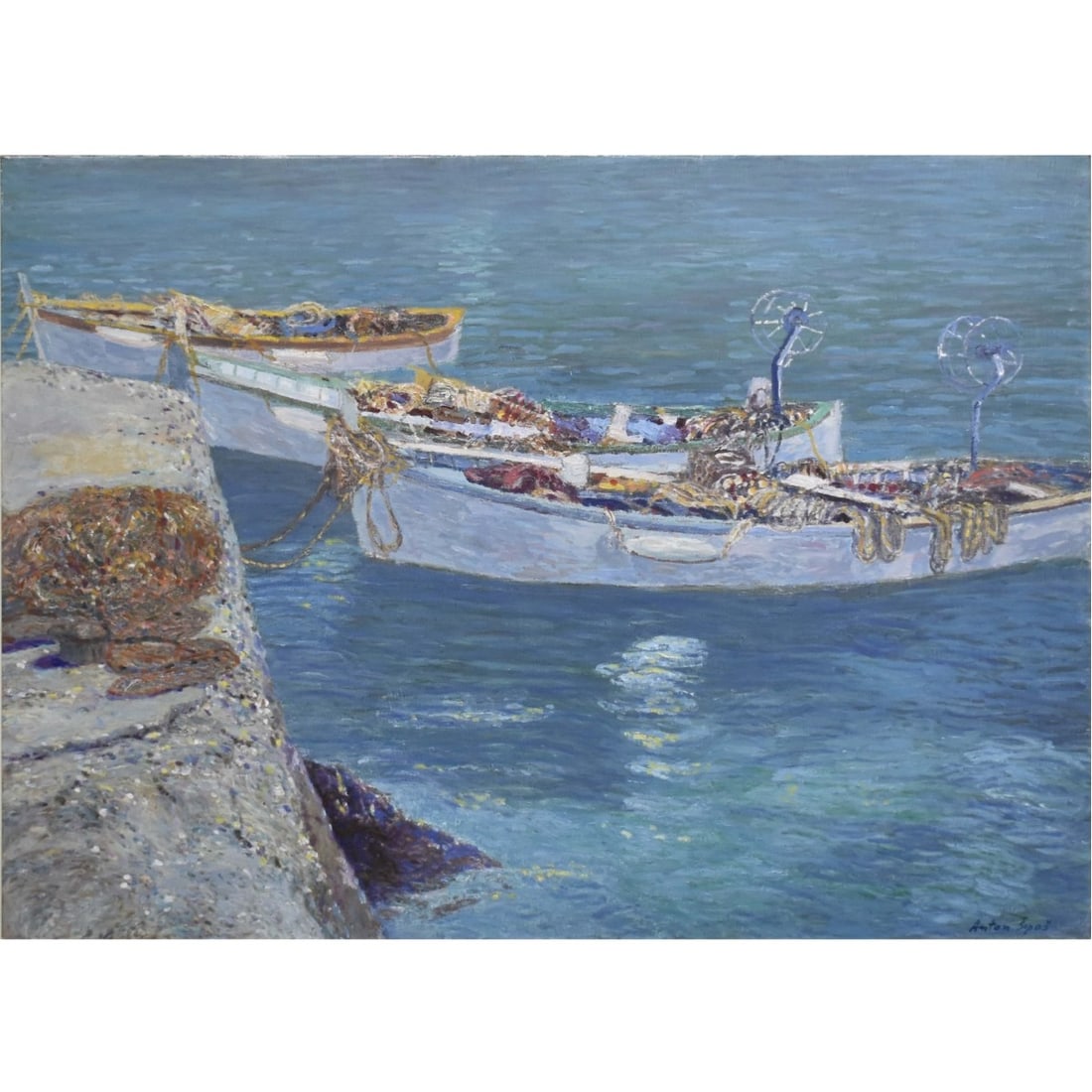 Anton Sipos, Bosnia (1938-1970): Anton Sipos, Bosnia (1938-1970) Oil on Canvas Depiction of Three (3) Small Fishing Boats Tied to the Seawall. Framed. Artist signed bottom right-hand corner. Image area measures: 29-1/2" high,