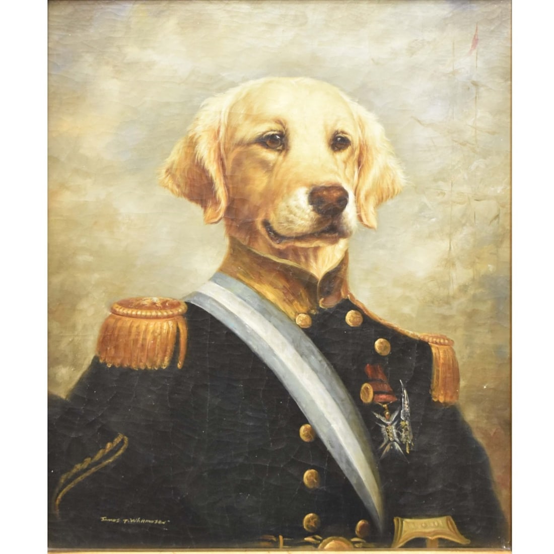 James T. Whitmorse Oil on Canvas: James T. Whitmorse Oil on Canvas Portrait of a Dog in Military Uniform. Signed bottom right-hand corner. Image area measures: 29" high, 23" wide, frame measures: 38" high, 32" wide. Kodner Galleries