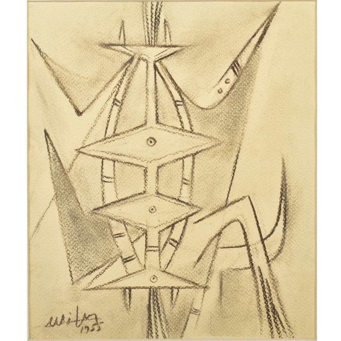 Attributed to: Wilfredo Lam, Cuban (1902-1982): Attributed to: Wilfredo Lam, Cuban (1902-1982) Abstract Charcoal on Heavy Wove Paper. Signed and dated "1955" bottom left hand corner. Image area measures: 9-3/4" H, 8" W, frame measures: 17 1/2" H,