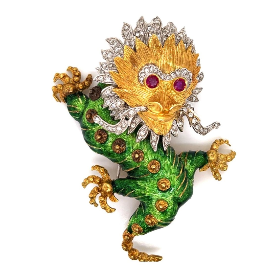 Gemstone and 18K Dragon Brooch: Vintage 2.0 Carat TW Ninety-eight Round Brilliant Cut Diamond, .70 Carat TW Two Round Cut Ruby, Enamel and 18 Karat Yellow and White Gold Chinese Dragon Brooch. Diamonds F-H color, VS1-SI1 clarity.