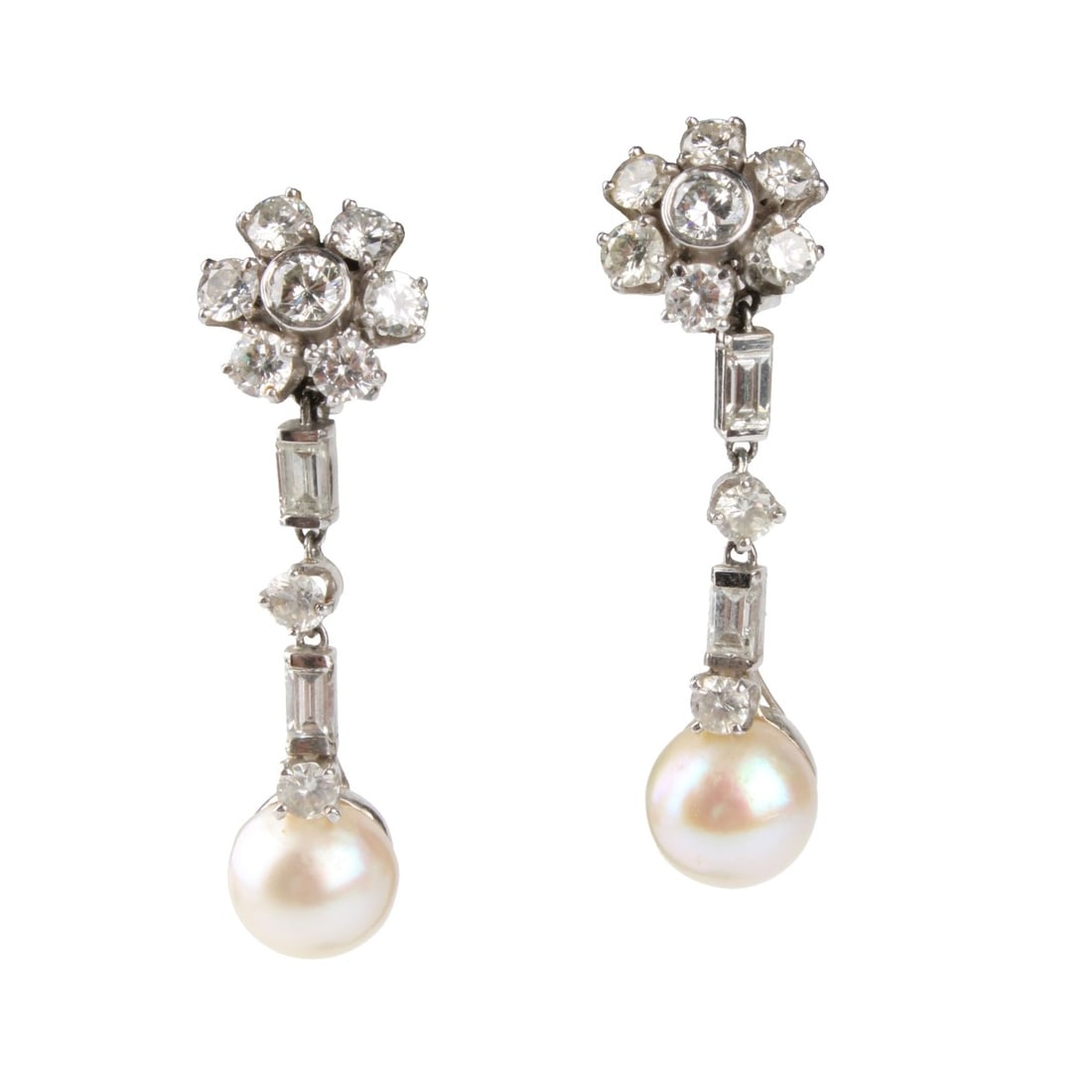 Diamond, Pearl and 14K Earrings: Fine Antique Approx. 2.50 Carat Round Brilliant and Baguette Cut Diamond, 9.7mm Pearl and 14 Karat White Gold Chandelier Clip Back Earrings. Diamonds G-H color, VS1-SI1 clarity. Pearls with good luste