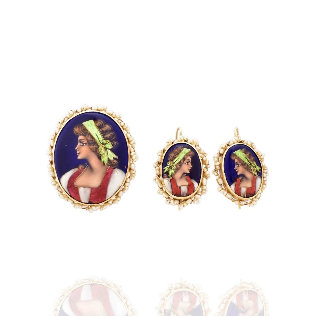Enamel and 14K Jewelry: Vintage French Enamel, Seed Pearl and 14 Karat Yellow Gold Pendant / Brooch and Earrings. Signed France and stamped 14K. Pendant / brooch measures 1-1/2" H, 1-1/4" W; earrings measure 1-3/16" L, 3/4"