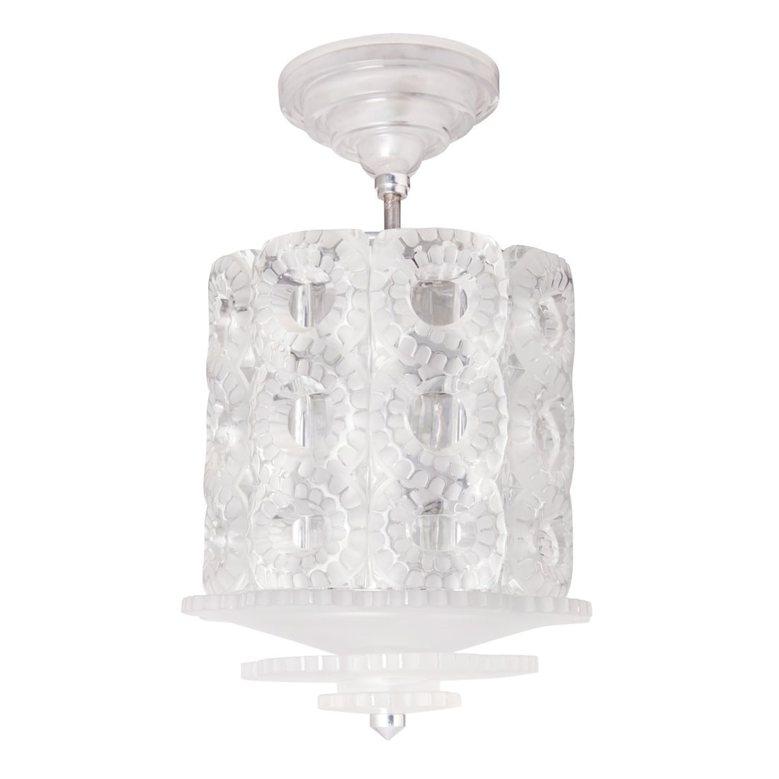 Lalique Seville Chandelier: Vintage Lalique "Seville" Frosted and Clear Glass and Chrome Medium Size Chandelier. Etched signature, Lalique France. Single-light fixture with eight molded frosted and clear braided glass panels.