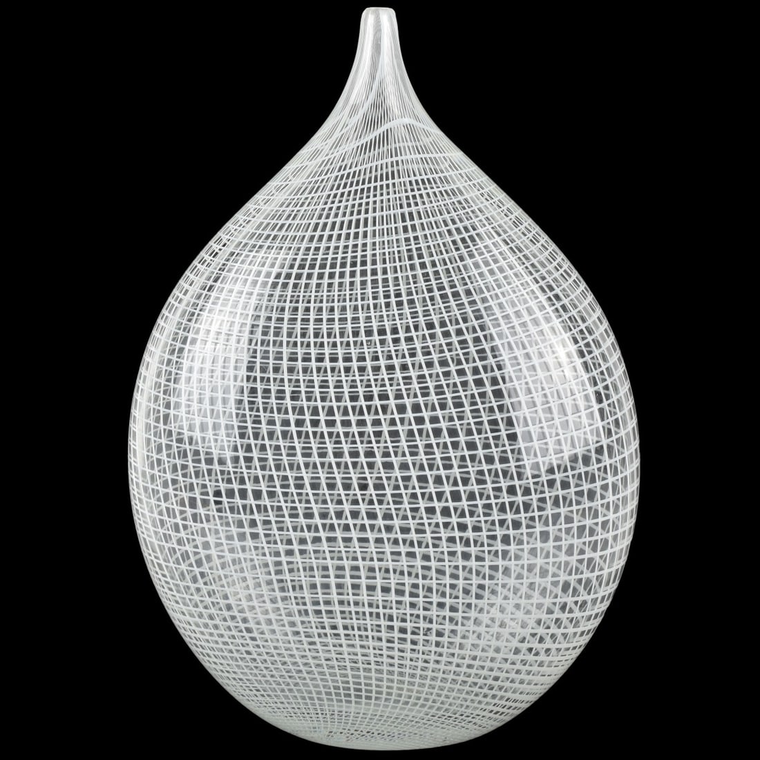 Vintage Murano Clear with White Vase: Vintage Murano Clear with White Geometric Design Tear Drop Shape Vase. Measures; 17" high, 11-1/2" wide, 5" deep. Kodner Galleries offers phone and absentee bidding at a low, flat 21% buyer’s
