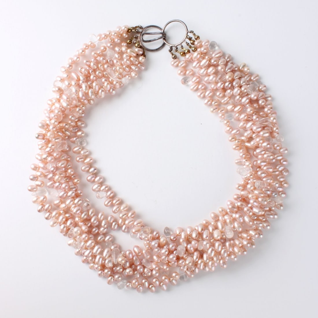 Pearl and Rock Crystal Necklace: Vintage Pink Baroque and Rock Crystal Multi-strand Necklace with Sterling Silver Clasp. Pearls measure approx. 6.5 x 4.5mm. Necklace measures19" L. Approx. weight: 159.42 grams Condition: Good