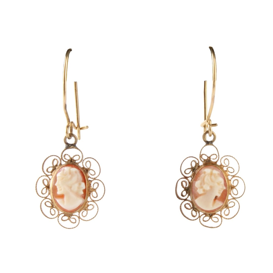 Vintage Pair of 14K Yellow Gold and Cameo: Vintage Pair of 14 Karat Yellow Gold Filigree and Carved Natural Shell Cameo Earrings. Total approximate gross weight: 1.6 grams. Kodner Galleries offers phone and absentee bidding at a low, flat 21%