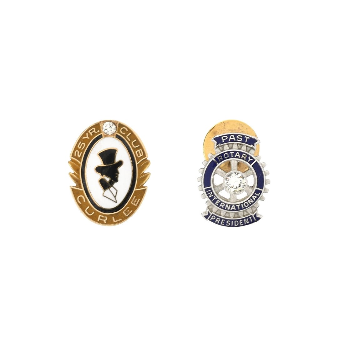 Diamond and Gold Pins: Vintage Round Brilliant Cut Diamond, 14 Karat Yellow Gold and Enamel Curlee Club 25 Year Pin together with Vintage Round Brilliant Cut Diamond, 10 Karat White and Enamel Rotary Past President Pin.