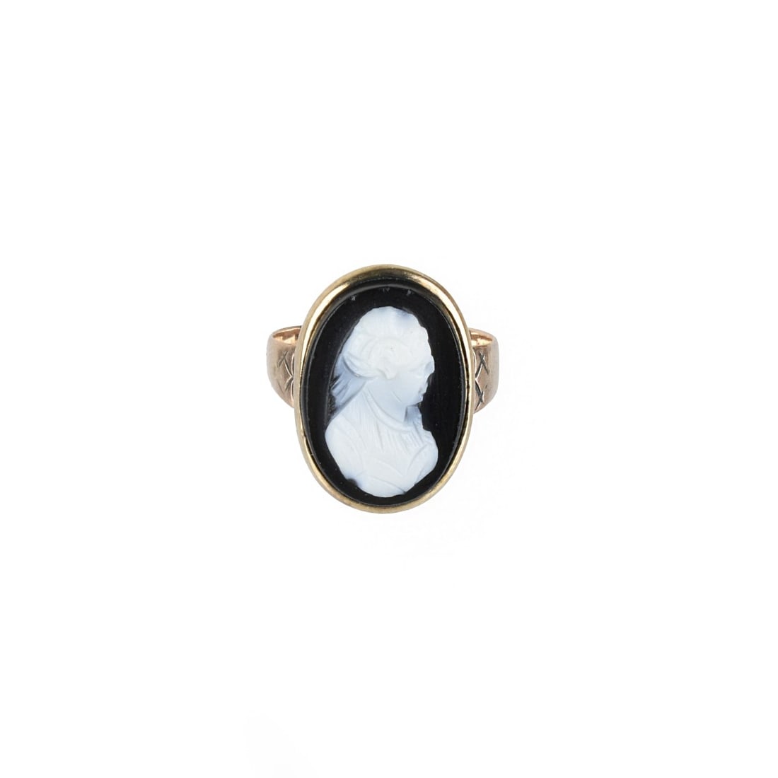 Cameo and 10K Ring: Antique Carved Onyx Cameo and 10 Karat Yellow Gold Child's Ring. Ring size 3-3/4. Approx. weight: 2.82 grams. Kodner Galleries offers phone and absentee bidding at a low, flat 21% buyer’s premium