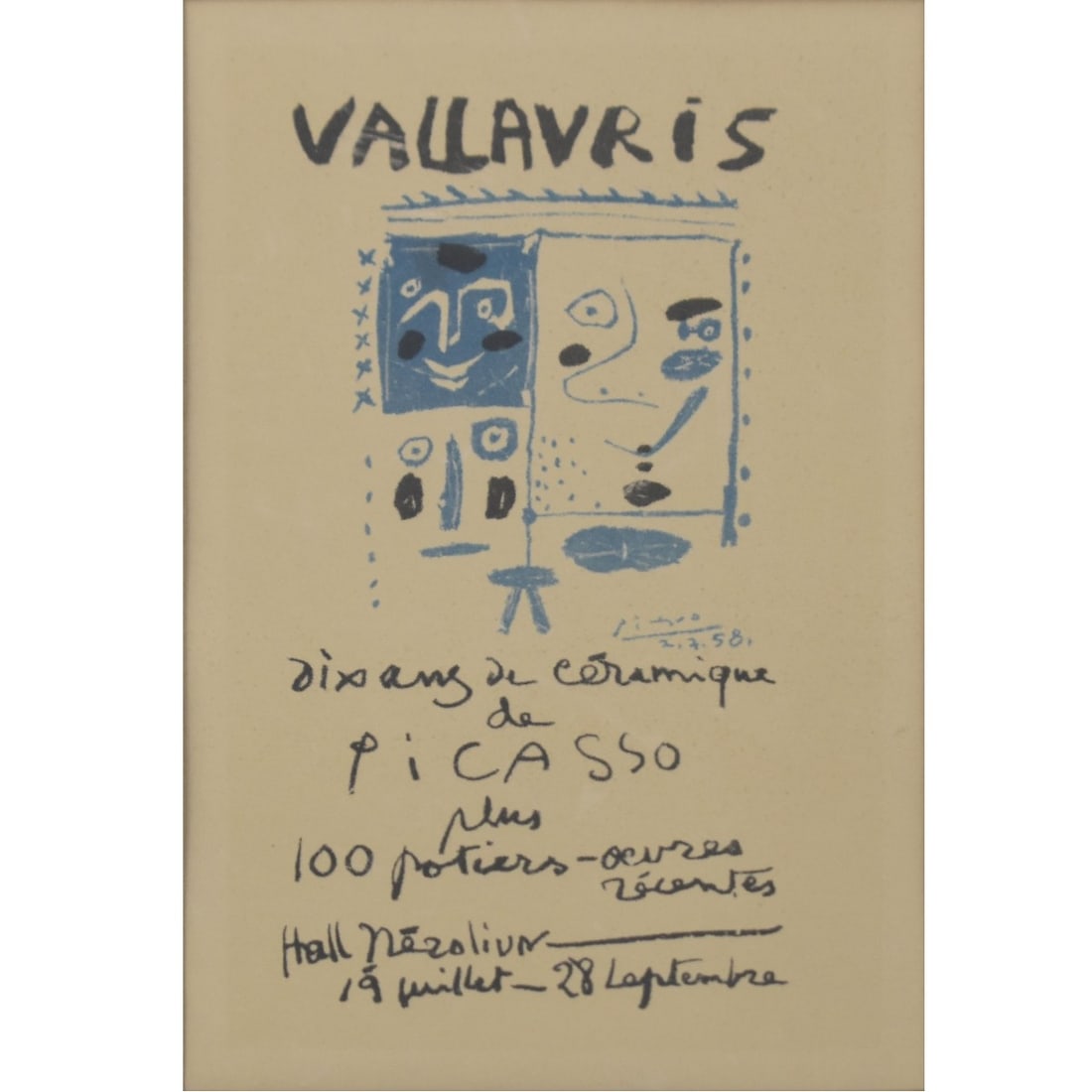 Pablo Picasso Ceramic Exposition Poster: Pablo Picasso Ceramic Exposition Poster II Vallauris France 1958. Photo mechanical print. Framed under glass. Image area measures: 8" H, 5" W, frame measures: 15-1/4" H, 12-1/4" W. Kodner Galleries