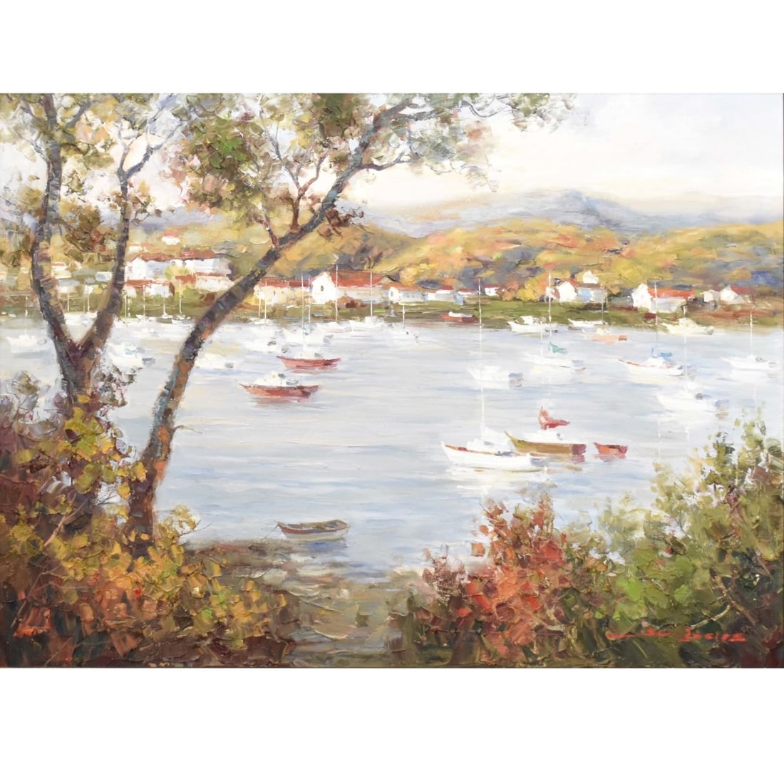 Acrylic on Canvas of a Costal Scene: Acrylic on Canvas Depicting a Costal Scene with Boats in a Harbor. Framed. Artist signed bottom right-hand corner. Kodner Galleries offers phone and absentee bidding at a low, flat 21% buyer’s