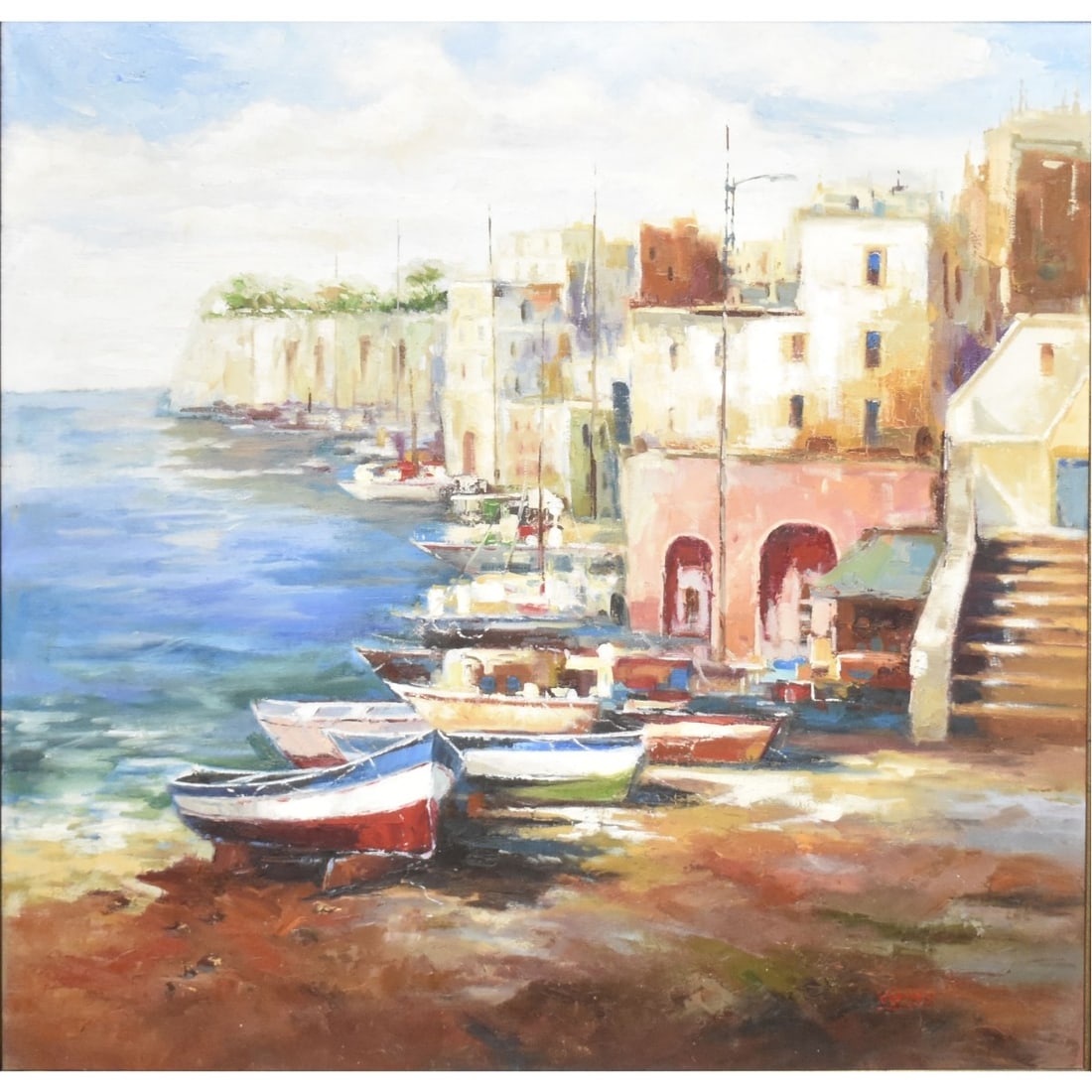 Oil on Canvas of Boats: Oil on Canvas of Boats in a Harbor with Seaside Buildings. Framed. Artist signed bottom right-hand corner. Image area measures: 35" high, 35" wide, frame measures: 46" high, 46" wide. Kodner
