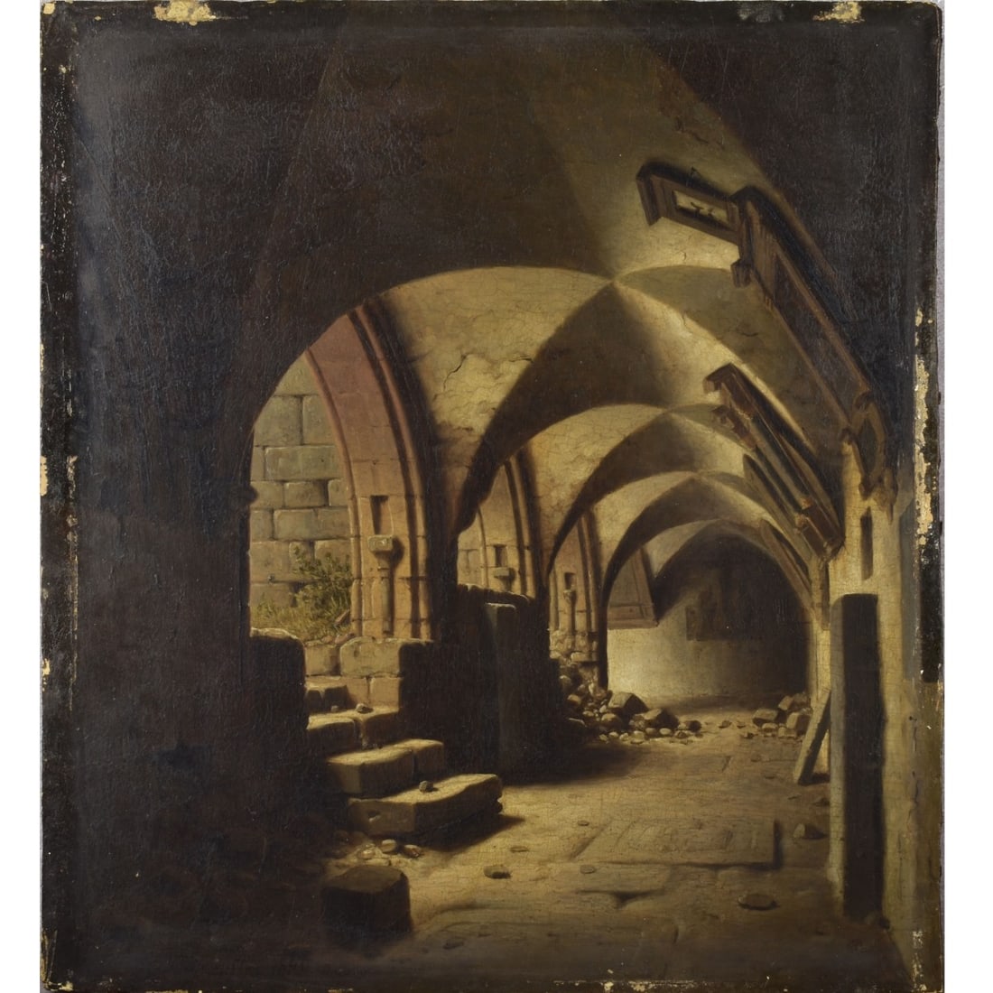 Carl Georg Adolph Hasenpflug, German (1802-1858): Carl Georg Adolph Hasenpflug, German (1802-1858) Framed. Oil on Panel of a Interior of a Cloister. Signed and dated "1840" bottom left hand corner, also dated "1840" to back panel. Panel measures: