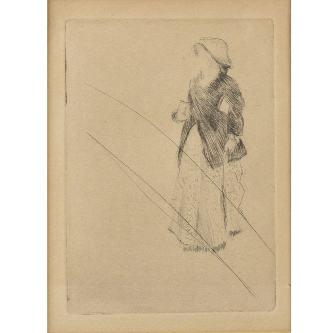 Edgar Degas, French (1834-1917): Edgar Degas, French (1834-1917) " La Petite Femme " Etching (cancelled plate). Plate measures: 4 1/2" high, 3 1/4" wide, frame measures: 12" high, 11" wide. COA on back from Associated American