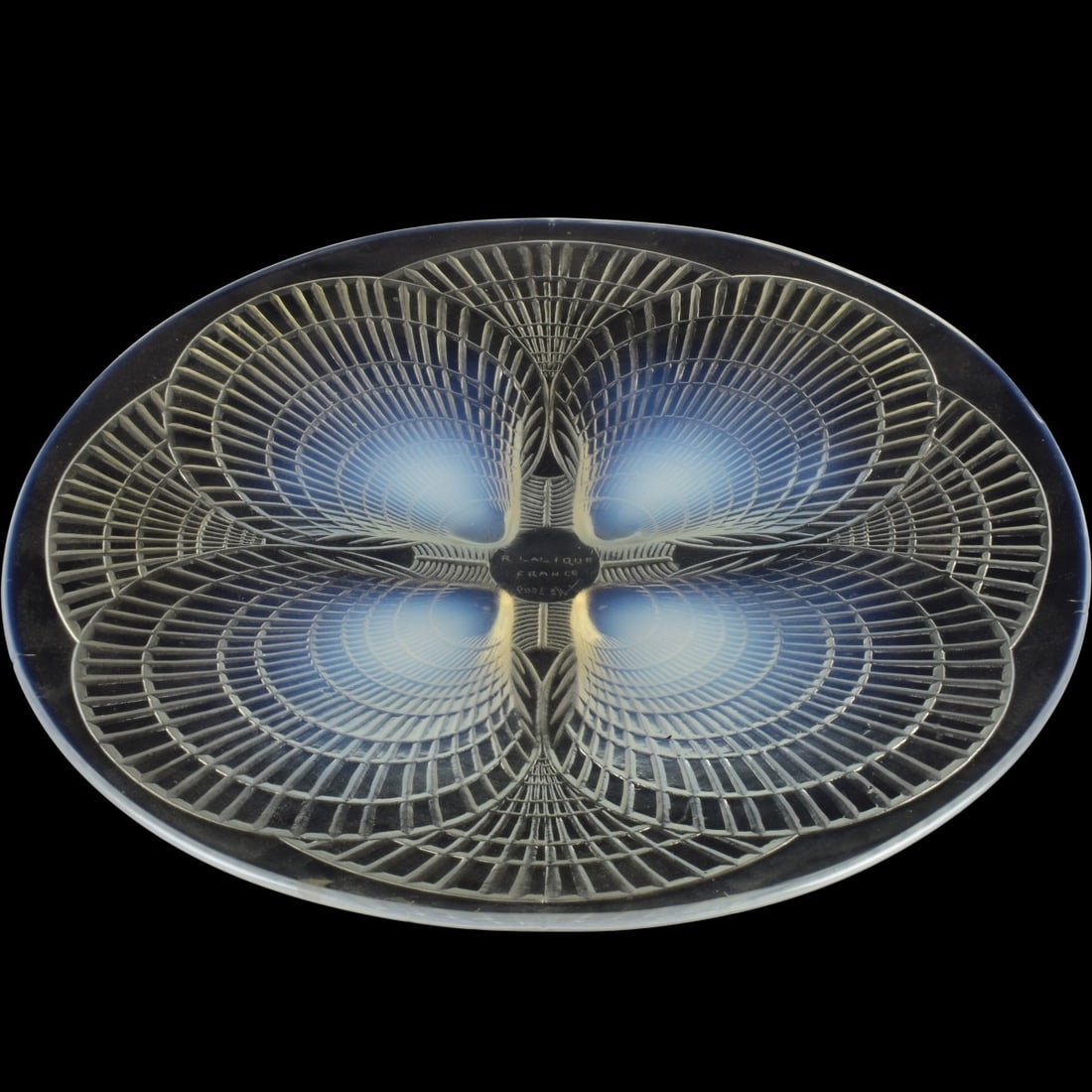 Renee Lalique Coquilles Shells Plate: Renee Lalique Coquilles Shells Opaline Art Glass Footed Plate c. 1920, Engraved "R. Lalique France No. 3009. Measures: 11-1/2" diameter. Kodner Galleries offers phone and absentee bidding at a low,