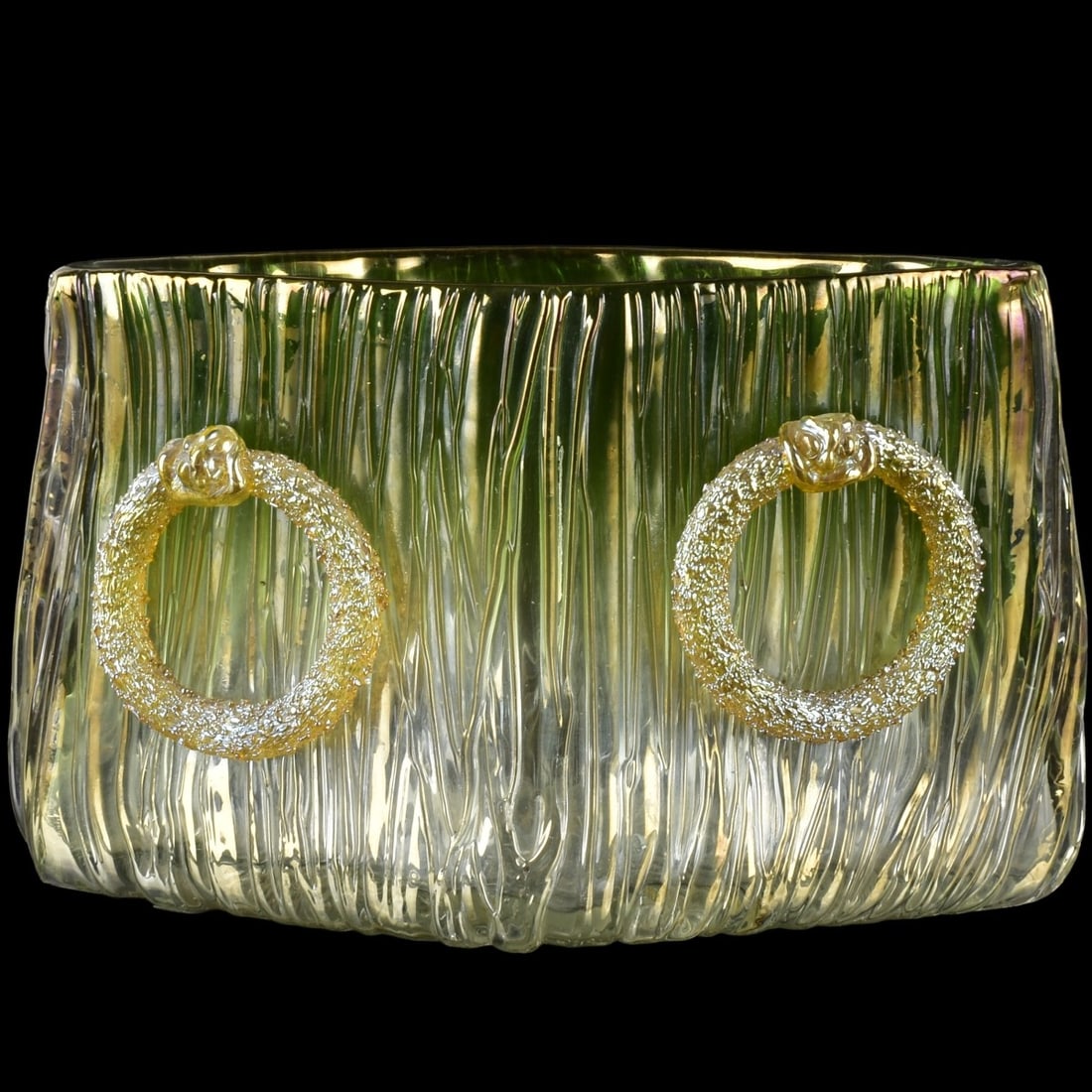 Loetz Art Nouveau Art Glass: Loetz Iridescent Empire Texas Art Glass Vase with an Angular Form with Four Applied Iridescent Textured Hoops on Each Face Having a Polished Pontil. Measures: 4-1/2" high, 7-1/8": long, 3-1/2" wide.
