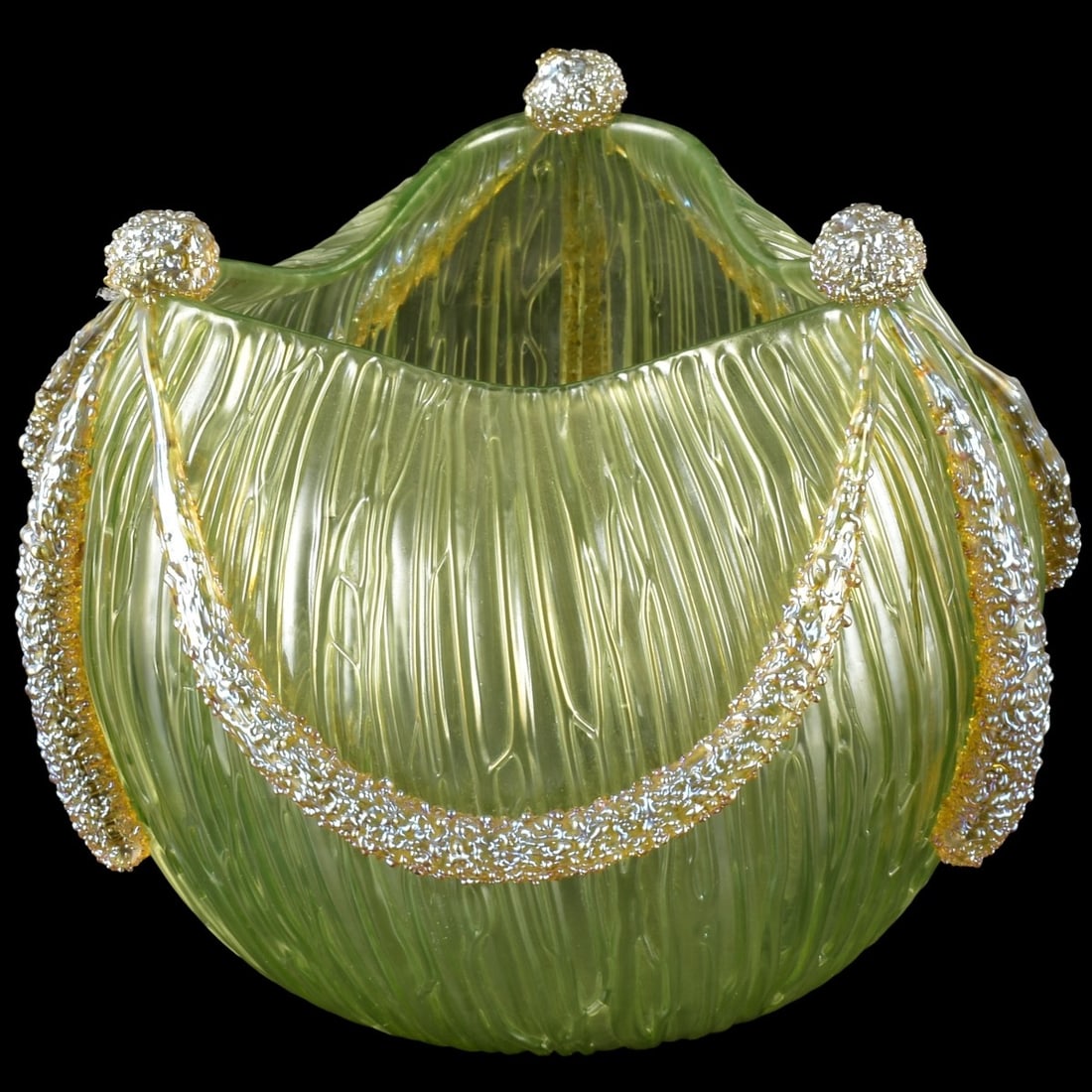 Loetz Art Nouveau Art Glass: Loetz Iridescent Empire Art Glass Vase in a Bulbous Form with Applied Iridescent Textured Hanging Garlands Each Face Having a Polished Pontil. Measures: 5-1/4" high, 6-1/4" diameter. Kodner Galleries