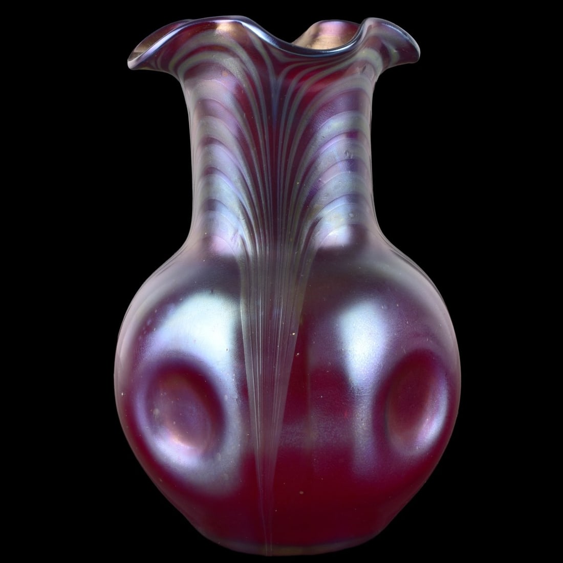 Loetz Art Nouveau Art Glass: Loetz Burgundy Art Glass Vase with a Pulled Design Having Four Pinched Sides and Ruffle Top Having a Polished Pontil. Measures: 7" high, 41/8" diameter. Kodner Galleries offers phone and absentee
