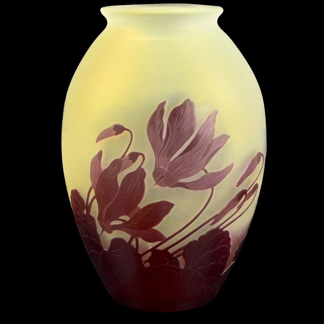 Galle Cameo Vase: Galle French "Cyclamen" Cameo Vase. Signed "Galle" in cameo to the side. Circa 1920. Measures: 6-1/2" high, 4" diameter. A portion of the proceeds will be used to further Arts and Education in our
