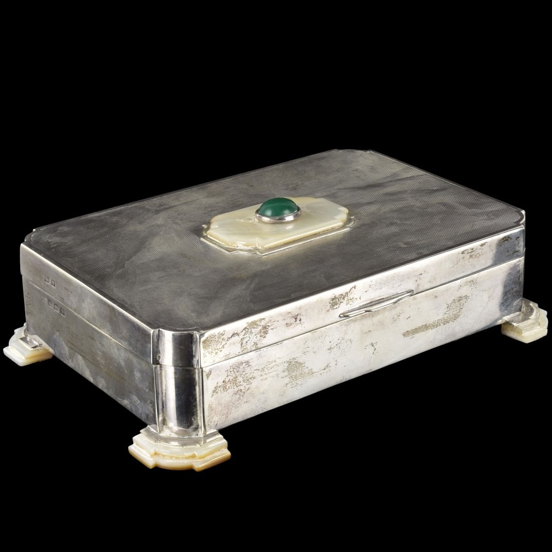 Birmingham Silver, MOP and Jade Box: Art Deco Birmingham England Sterling Silver Hinged Wood Lined Table Box with Mother of Pearl and Jadeite Jade Accents. Stamped with Birmingham hallmarks Sanders & Mackenzie maker's mark, 1921 date