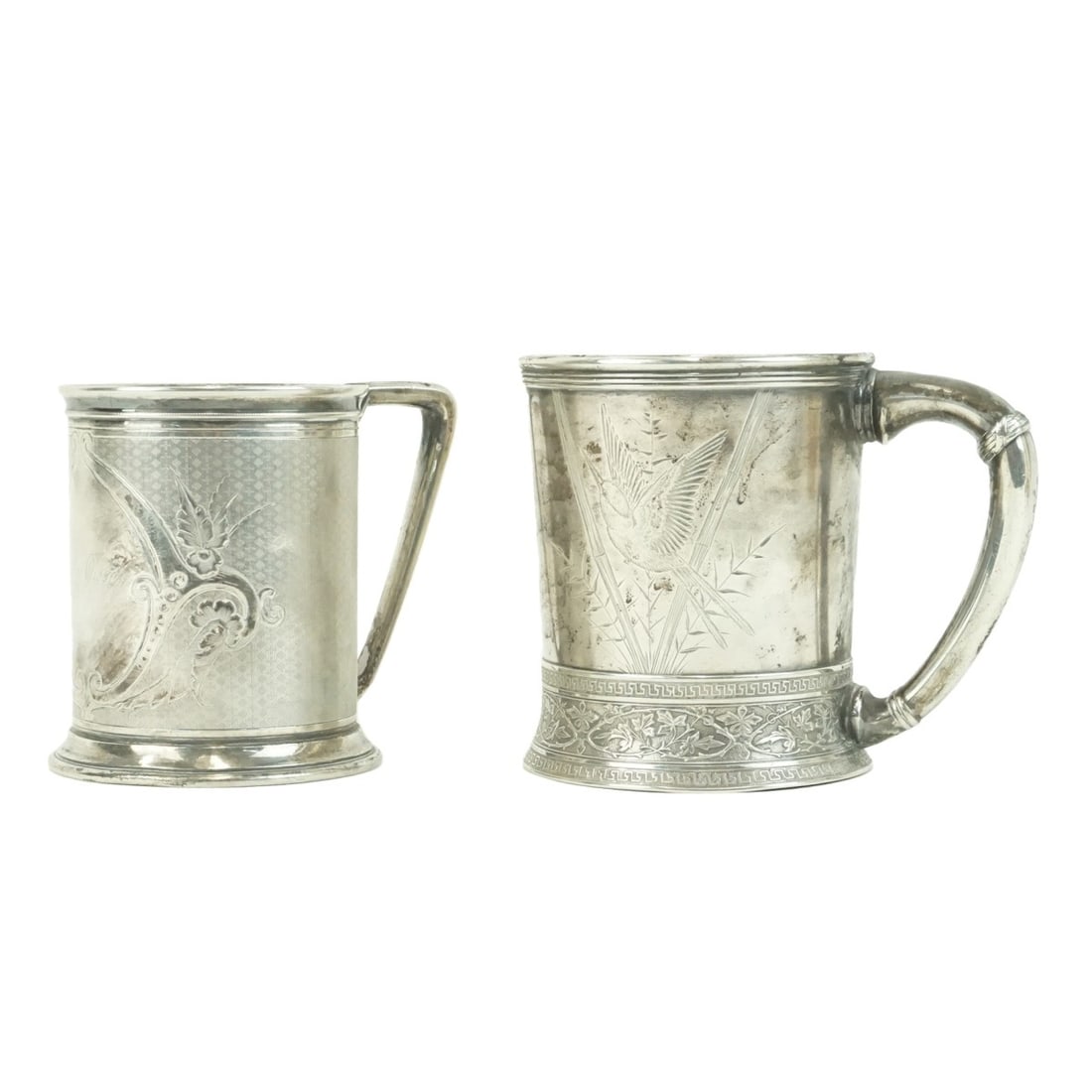 Two (2) English Mugs, Sterling & Coin Silver: Antique English Sterling Silver Engraved Mug together with a Antique English Coin Silver Engraved Mug. Each stamped on the base. Coin mug has a presentation engraving in the center. Sterling mug