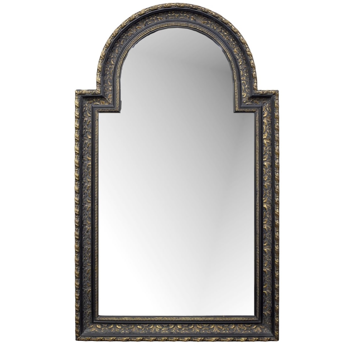 Decorative Arched Wall Mirror: Large and Imposing Decorative Arched Wall Mirror in an Ornate Frame with Painted Gold-tone Accents. Measures: 80" high, 46" wide. Kodner Galleries offers phone and absentee bidding at a low, flat 21%