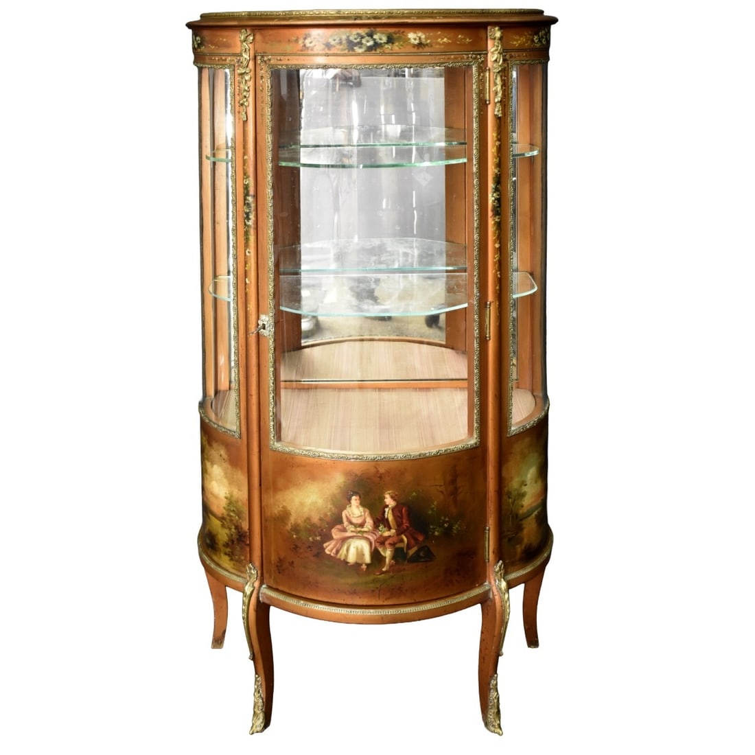 French Louis XVI Style Vitrine: French Louis XVI Style Vernis Martin Vitrine Display Cabinet. 20th Century. Features hand painted romantic scenes and flowers with gilt wood having foliate ormolu mounts. Measures: 55-1/2" high, 26"