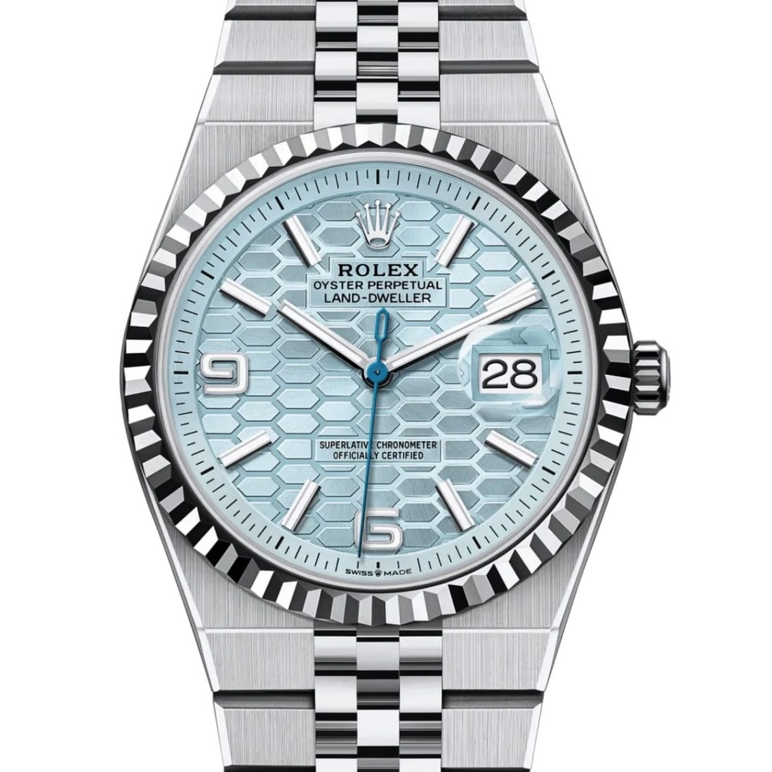 Rolex Land-dweller 36 Ref. 127236: New Rolex Land-dweller 36 Ref. 127236 Platinum Bracelet Watch, Ice Blue Honeycomb Dial. Flat Jubilee bracelet, fluted bezel. Automatic self-winding movement. Case measures 36mm. Skeletonized case