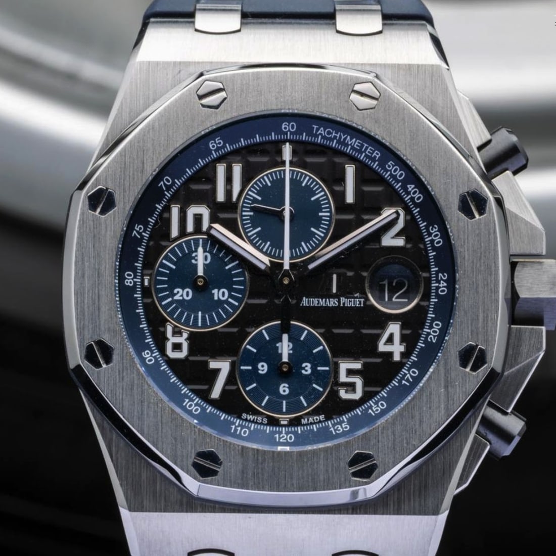 Audemars Piguet Royal Oak Offshore Chronograph: Audemars Piguet Royal Oak Offshore "Batman" Stainless Steel Chronograph Bracelet Watch Ref. 26470ST.OO.A028CR.01. Black dial with blue sub dials and bezel. Blue rubber bracelet. Automatic self