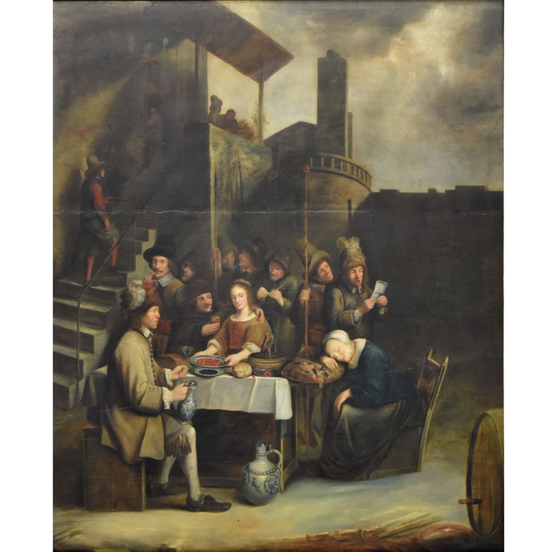 School of: Joos van Craesbeek, Flemish: School of: Joos van Craesbeek, Flemish (b. circa 1606-1661) Townsfolk Eating and Drinking Outside a Tavern Oil on Panel. Tag from Sotheby's Arcade Auction 137 to the back. Image area measures: