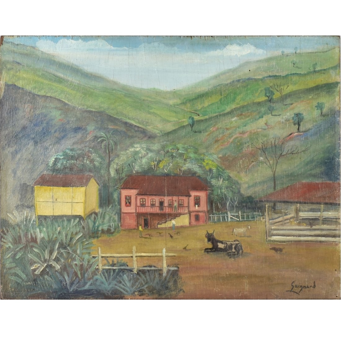 Alberto da Veiga Guignard, Brazilian: Alberto da Veiga Guignard, Brazilian (1896-1962) Oil on Panel of a Hillside Farm. Unframed. Signed bottom right-hand corner. Measures: 16" high, 19-1/4" wide. Kodner Galleries offers phone and