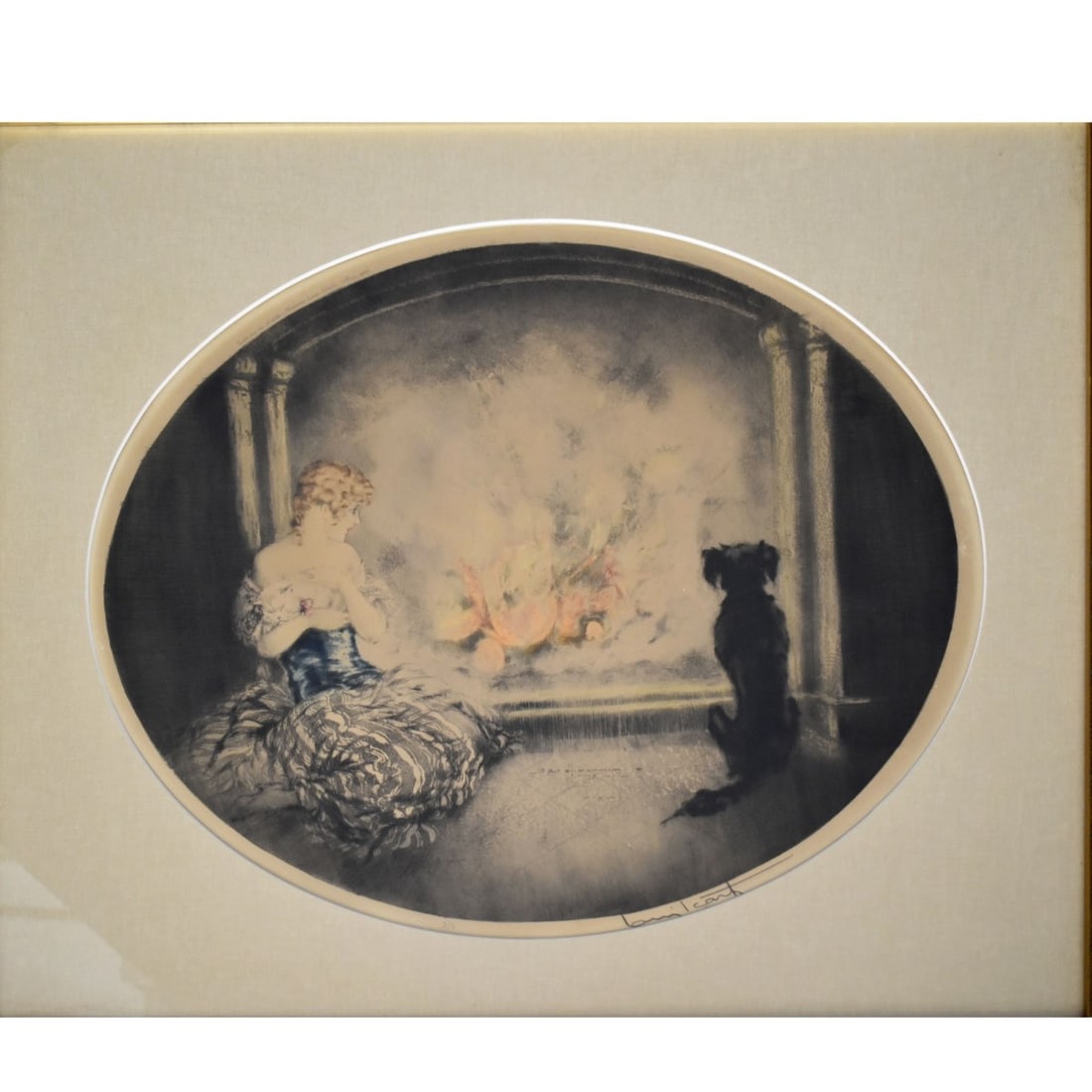 Louis Icart, French (1888-1950): Louis Icart , French (1888-1950) "Cendrillon" Colored Etching of a Seated Woman Holding a Cat and Looking at her Dog in an Oval Format. Signed and inscribed with "Paris-1927" as well as blind stamped