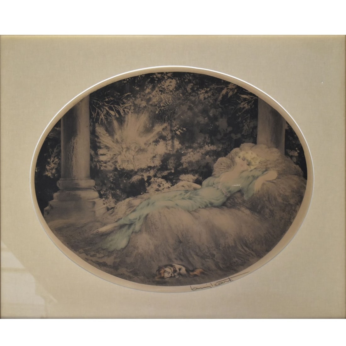 Louis Icart, French (1888-1950): Louis Icart, French (1888-1950) "Sleeping Beauty" Colored Etching of a Sleeping Woman with a Dog Resting on the Floor Beside the Bed in an Oval Format. Signed and inscribed with "Paris-1927" as well