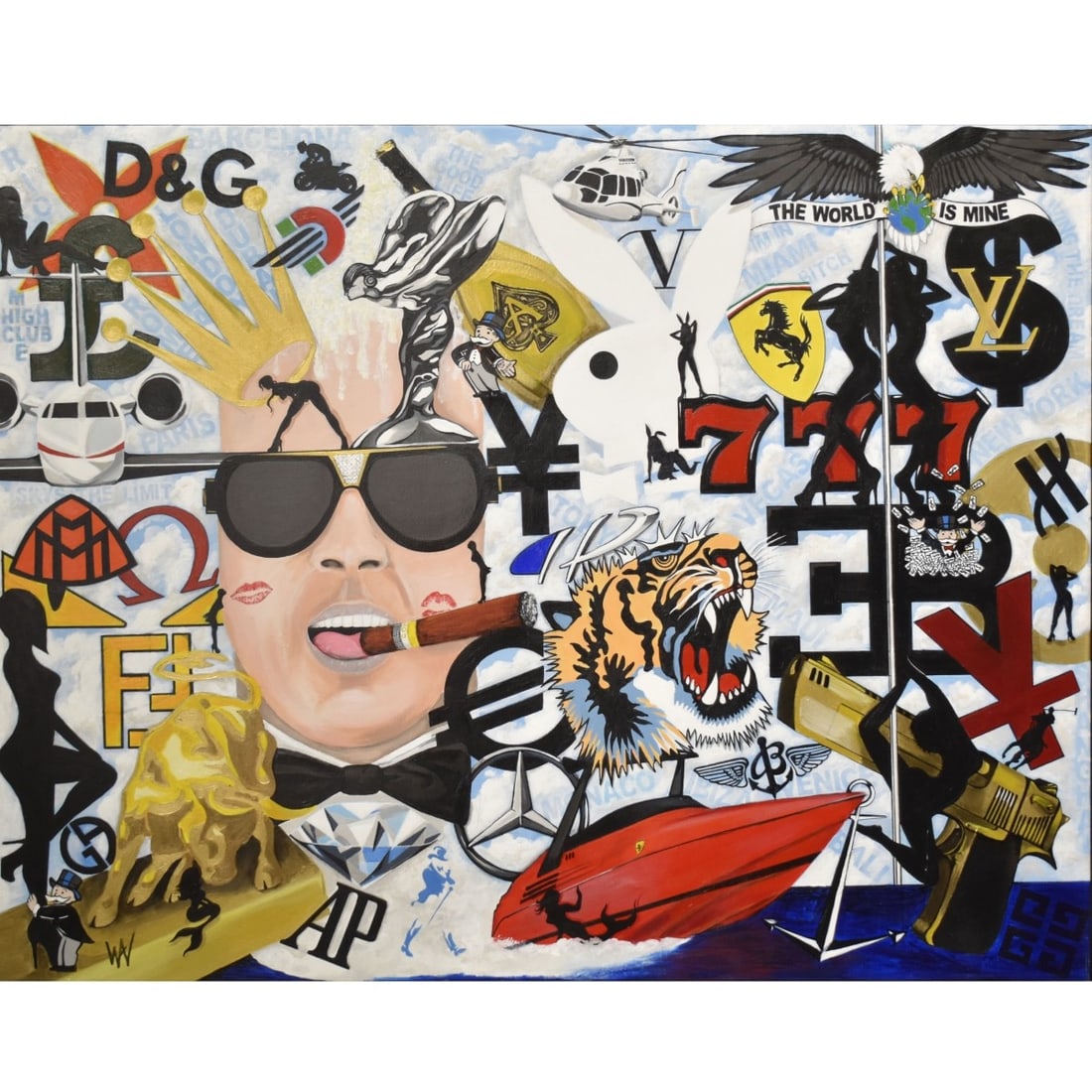 William Villanueva, American (Contemporary): William Villanueva, American (Contemporary) "Billionaire Boy Toys" Acrylic on Canvas. Signed, titled and dated "2017" to the back. Measures 41" high, 52" wide. Kodner Galleries offers phone and