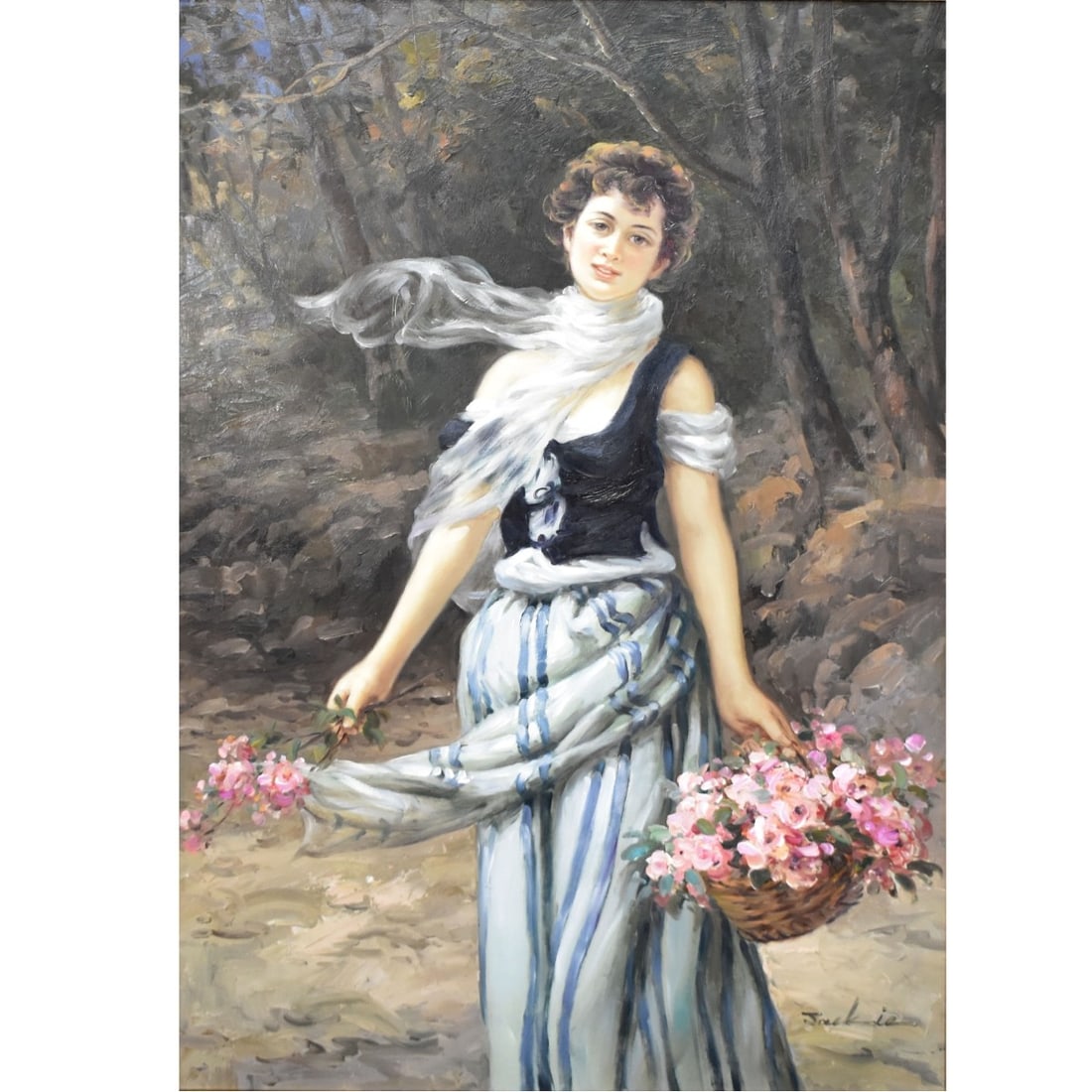 Oil on Canvas of a Girl Gathering Flowers: Oil on Canvas of a Young Girl Holding a Basket Gathering Flowers. 20th century. Signed "Jackie" bottom right hand corner. Image measures: 35-1/2" high, 23-1/2" wide, frame measures: 43-1/2" high,