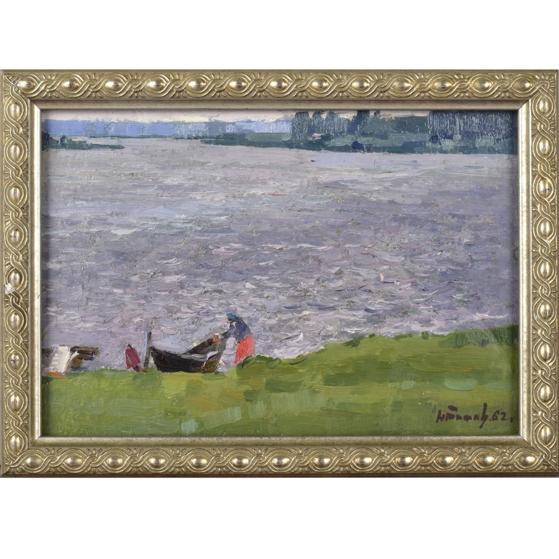 Nikolai Efimovich Timkov, Russian (1912-1993): Nikolai Efimovich Timkov, Russian (1912-1993) Oil on Most Likely Canvas Landscape of a Scene Depicting a Grassy Bank and a Large Body of Water. Framed Under Plexiglass. Signed in a window to the back