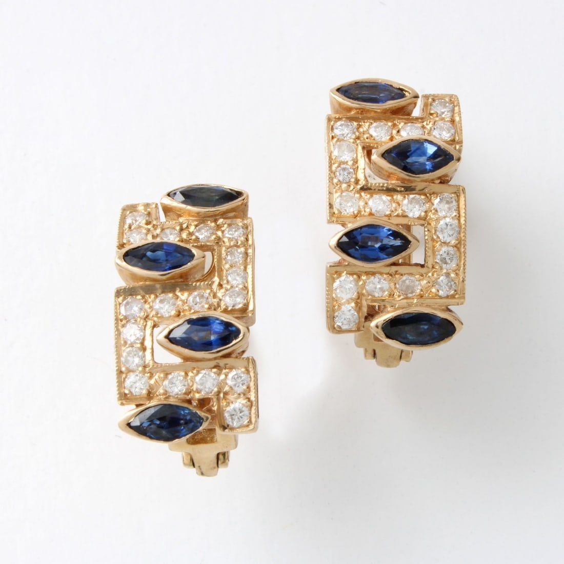 Sapphire, Diamond and 14K Earrings: Vintage Marquise Cut Sapphire, Pave Set Round Brilliant Cut Diamond and 14 Karat Yellow Gold Earrings. Sapphires with good color. Diamonds G-H color, VS clarity. Measure 3/4" L, 3/8" W. Approx.