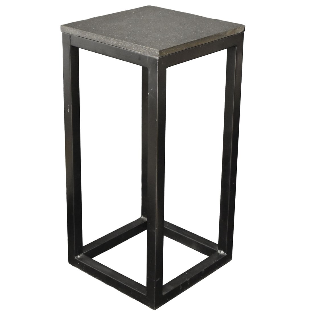 Modern Painted Steel Pedestal: Modern Black Painted Steel Pedestal with a Black Granite Table. Measures: 33-1/2" high, top measures: 16" square. Kodner Galleries offers phone and absentee bidding at a low, flat 21% buyer’s