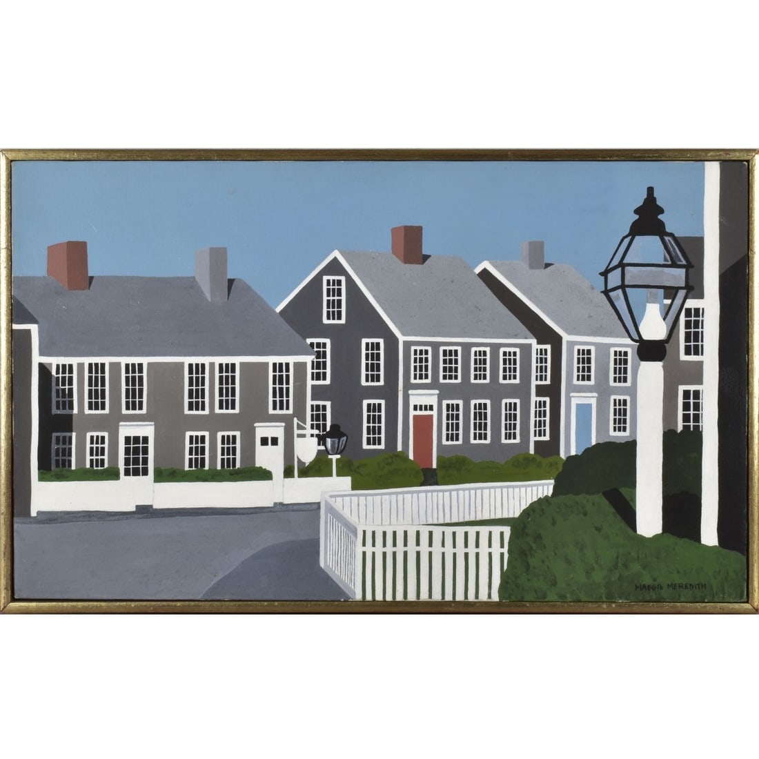 Maggie Meredith, American (1922-2012): Maggie Meredith, New York/Nantucket, Massachusetts, 1922-2012 "Boxwood" Oil on Canvas of an Exterior Street Scene of Homes. Signed bottom right-hand corner. Image measures: 14" high, 24" wide, frame