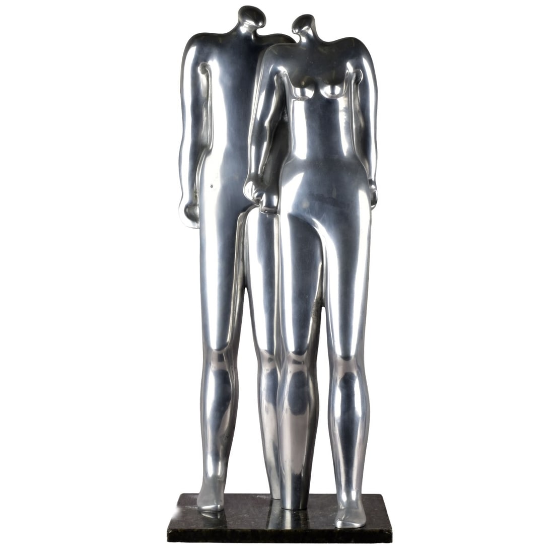Margarita Farre, Spanish/Brazilian (20th/21st C.): Margarita Farre, Spanish/Brazilian (20th/21st Century) Abstract Aluminum Sculpture of Two Standing Figures Mounted on a Black Granite Base. Sculpture measures: 32-1/2" high, 14" wide, 7" deep, base