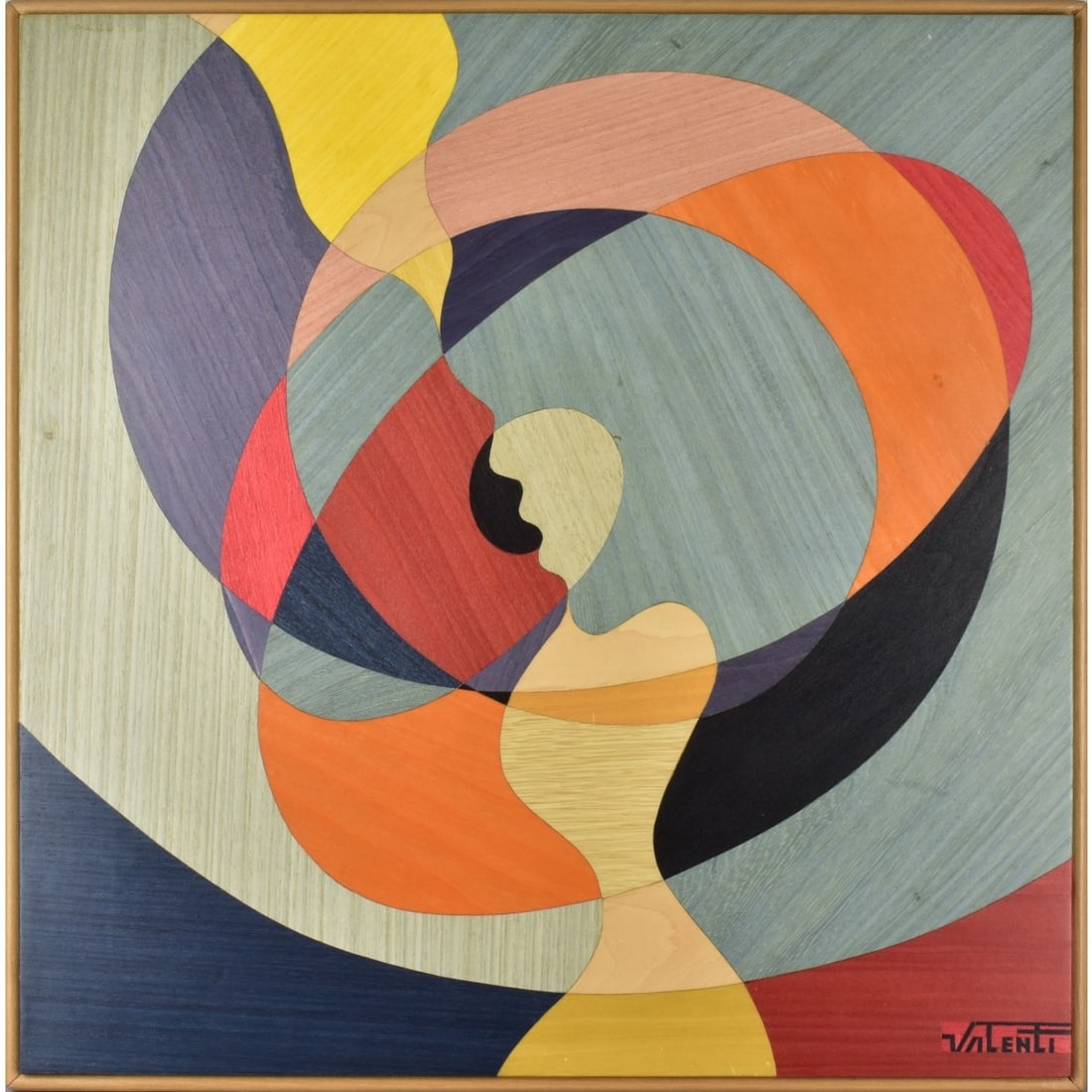 Pino Valenti, Italian Abstract Marquetry: Pino Valenti, Italian Abstract Wood Marquetry Painted Figure Titled "Baciando" and dated "2007" . Signed "Valenti" bottom left-hand corner. Overall with frame measures: 23-3/4" high, 23-3/4" wide.