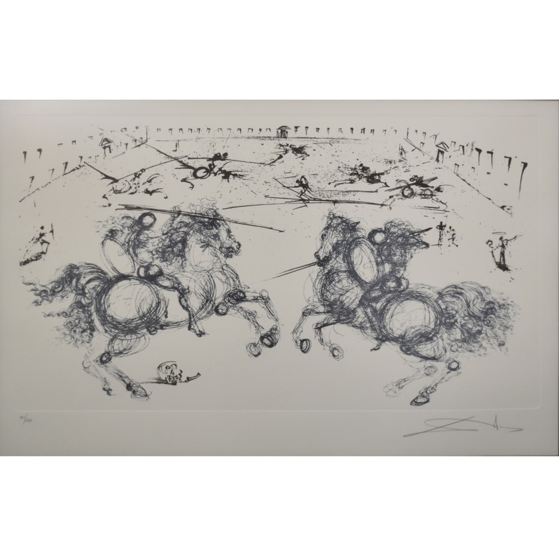 After:Salvador Dali, Spanish (1904 - 1989): After: Salvador Dali, Spanish (1904 - 1989) "Knightly Combat" Etching Signed and Numbered "100/250" lower margin. Image area measures: 13" high, 20" wide, frame measures: 30-1/2" high, 37" wide.