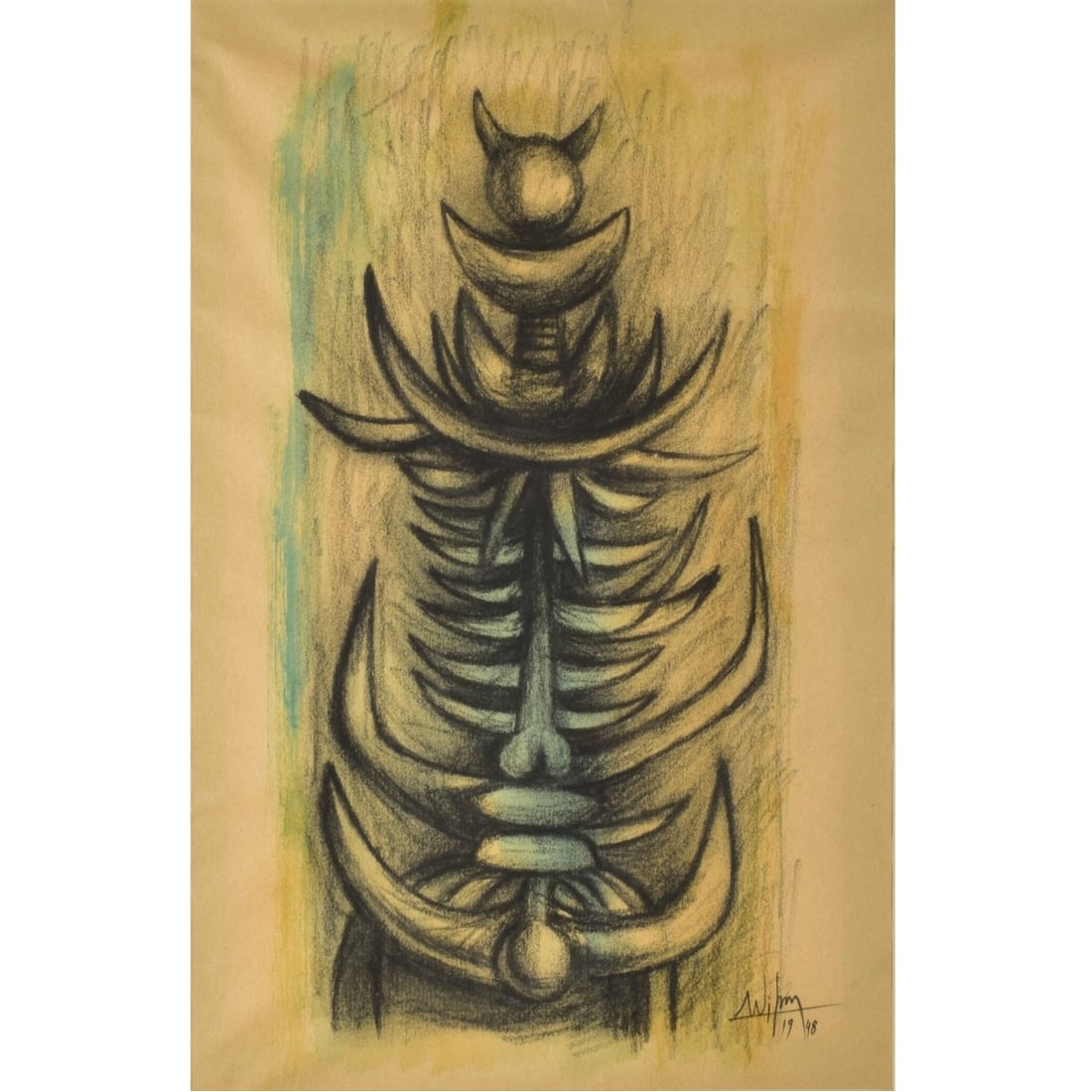 Attributed: Wilfredo Lam, Cuban (1902-1982): Attributed to: Wilfredo Lam, Cuban (1902-1982) Abstract Charcoal on Heavy Wove Paper. Signed and dated "1948" bottom right hand corner. Image area measures: 17-1/2" high, 11-1/2" wide, frame