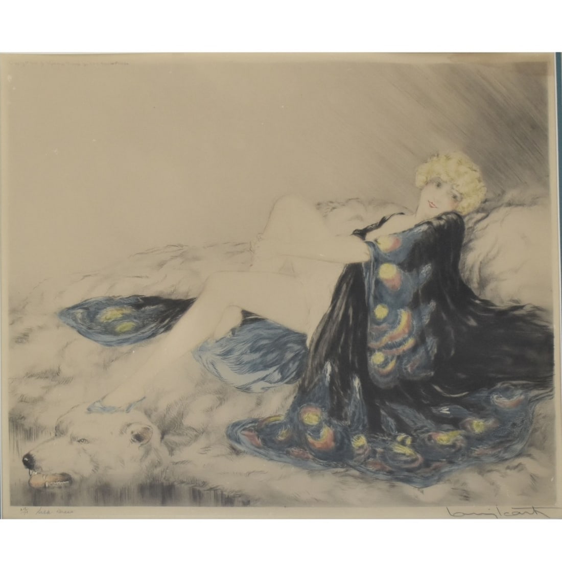 Louis Icart, French (1888 - 1950): Louis Icart, French (1888 - 1950) "Silk Dress" Colored Etching on Paper. Framed under Plexiglass. Depicting a Lady Wearing a Flowing Blue Dress. Artist signed and numbered "A 105/500" lower margin.