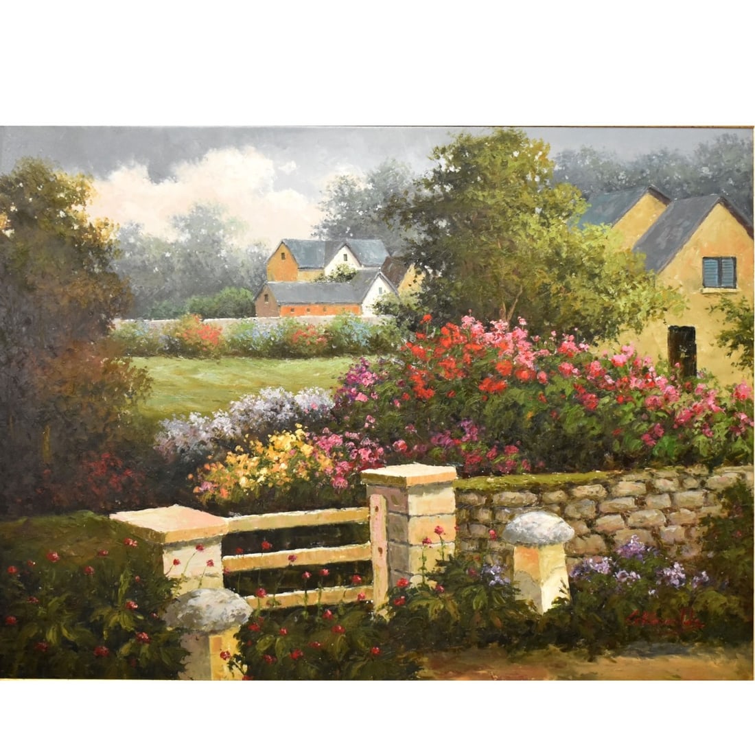 Garden Landscape Oil on Canvas: Garden Landscape Oil on Canvas. Signed "G. Reynolds" bottom right-hand corner. Heavy gilt frame. Image area measures 30" H, 40" W; frame measures 38" H, 48" W. Kodner Galleries offers phone and