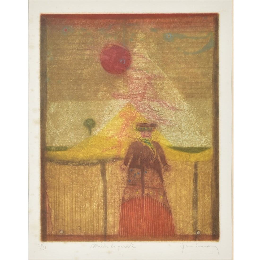 Rene Carcan, Belgian (1925-1993): Rene Carcan, Belgian (1925-1993) Abstract Aquatint Etching of a Standing Figure Uner the Moon. Signed, titled and numbered "28/99" in pencil. Image area measures: 13-1/2" high, 10-1/2" wide, frame