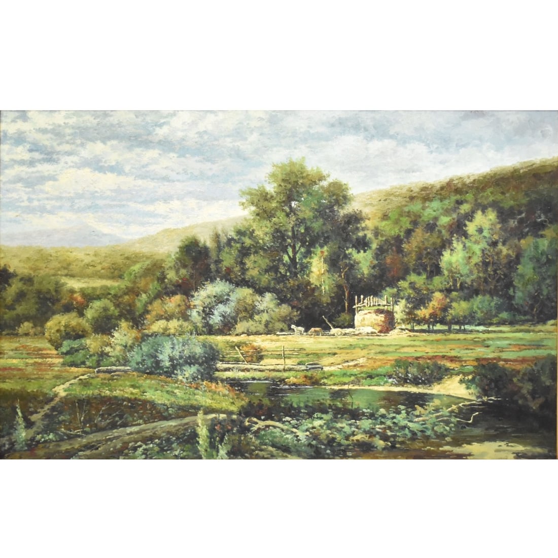 Oil on Canvas, Rural Landscape Scene: Large Antique style Contemporary Oil on Canvas, Rural Landscape Scene. Unsigned. Heavy gilt frame. Measures 24" H, 36" W; frame measures 34-1/2" H, 46" W. Kodner Galleries offers phone and absentee