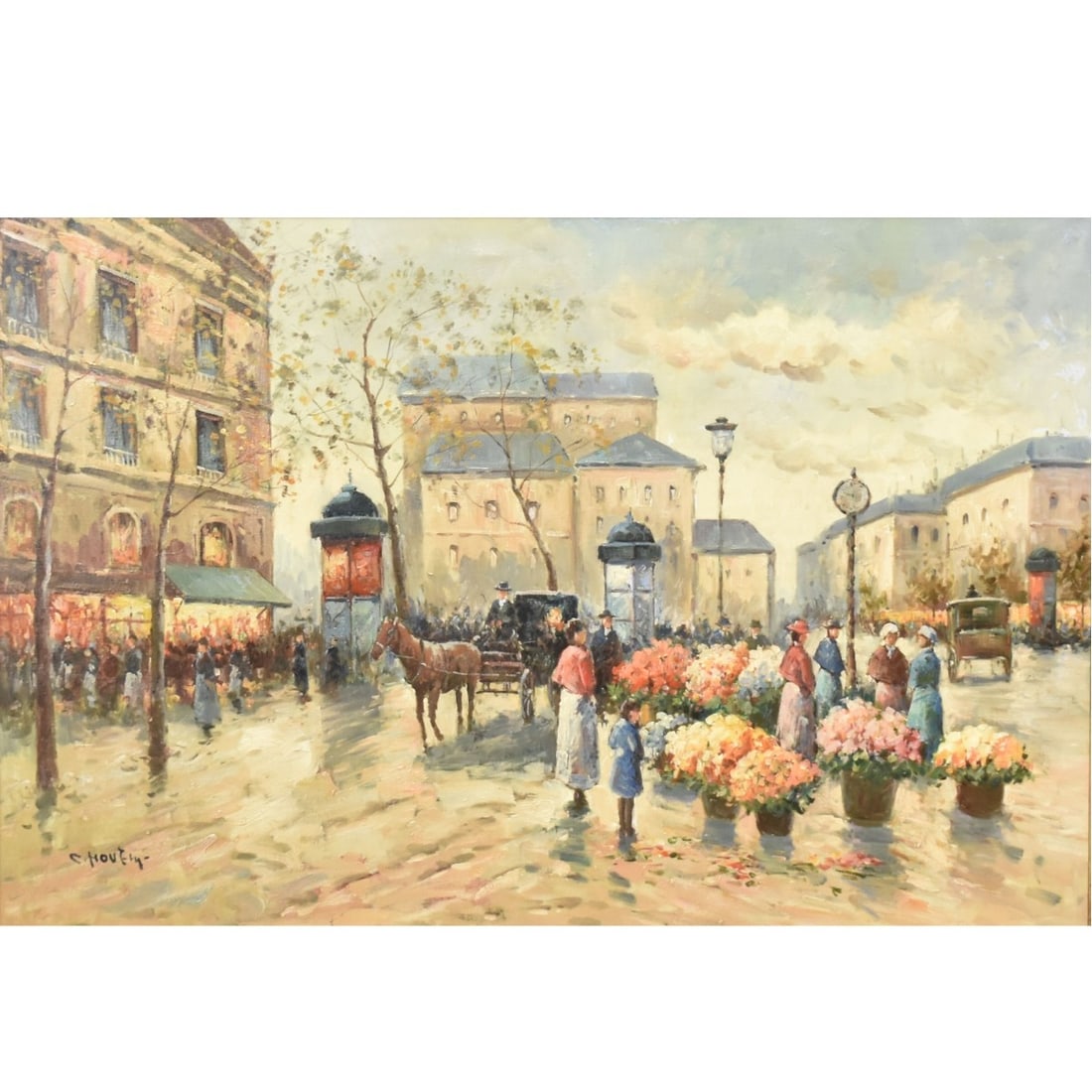 Parisian Street Scene: Parisian Street Scene after Edouard Cortes Oil on Canvas. Signed bottom left-hand corner. Heavy gilt frame. Image area measures 24" H, 36" W; frame measures 34-1/2" H, 47-1/2" W. Kodner Galleries
