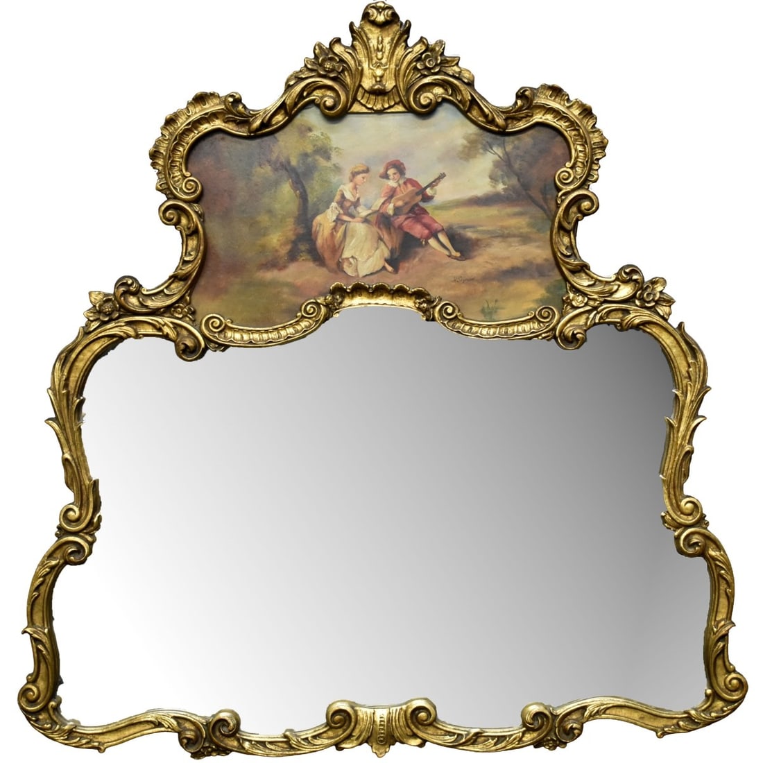 French Rococo Style Gilt Wood Mirror: French Rococo Style Gilt Wood Trumeau Mirror with a Hand Painted Romantic Scene. Signed "W. Seymoor" bottom left-hand corner. Late 20th century. Overall measures: 40-1/2" high, 37" wide. Kodner
